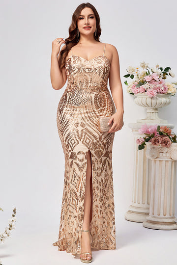 Vestido de fiesta largo bordado de lentejuelas sirena doradas de talla grande brillante con división
